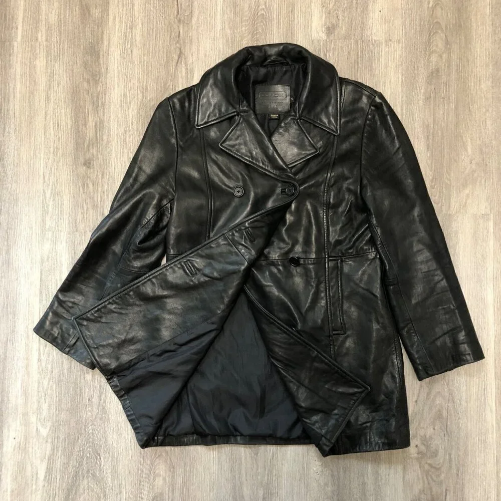 Vintage Coach Genuine Black Leather Jacket Women Size Small Double Breasted Coat